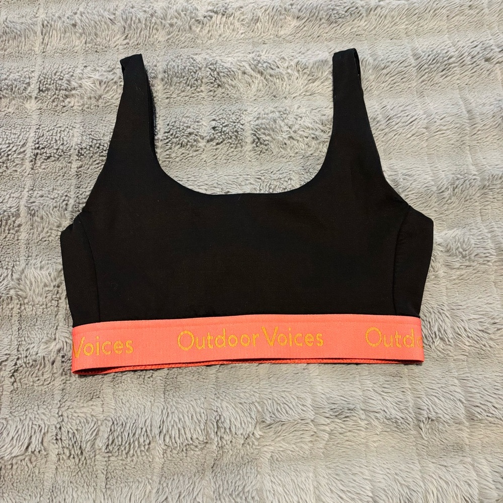 Outdoor Voices Black Sports Bra with Coral Logo Band